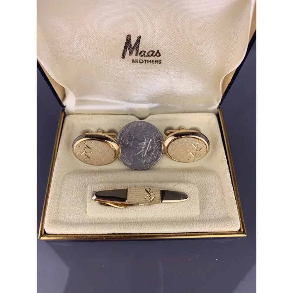 Vine Bamboo Gold Plated Cufflinks Tie Clip Etched Leaves Swank Vintage NOS